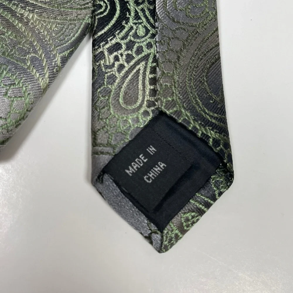 Vintage Van Heusen Tie Paisley Mens Green Grey 100% Silk Jacquard Formal Necktie